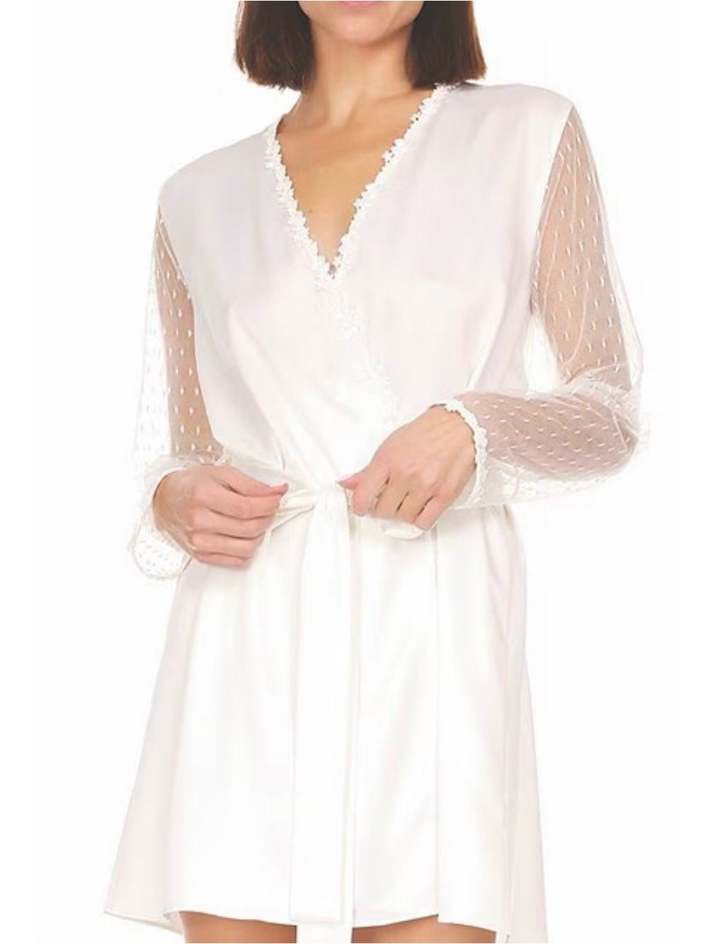 Flora Nikrooz Ivory Lace-Trim Sheer Sleeve Robe